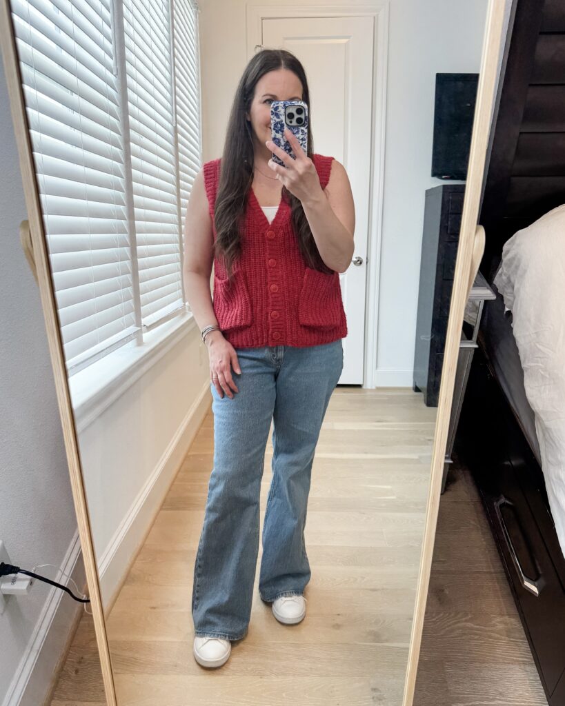 spring outfit | red sweater vest | petite flared jeans | Houston Fashion Influencer Lady in Violet