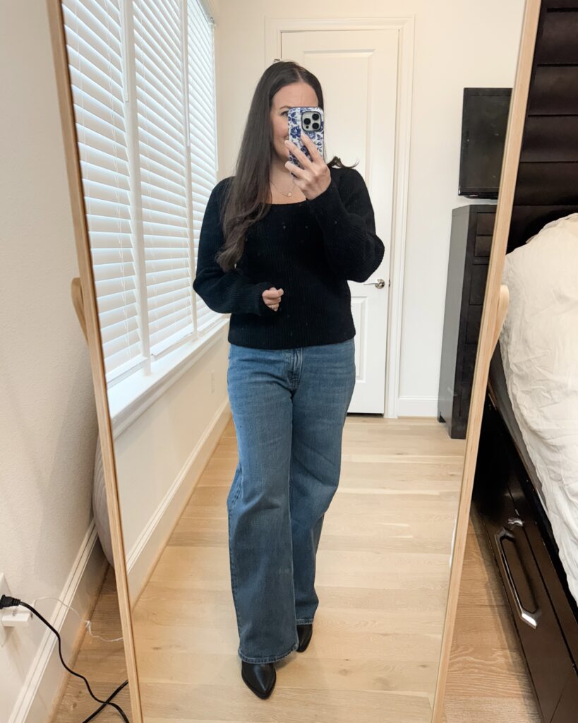 winter outfit | black fitted sweater | relaxed fit jeans | Houston Fashion Blogger Lady in Violet