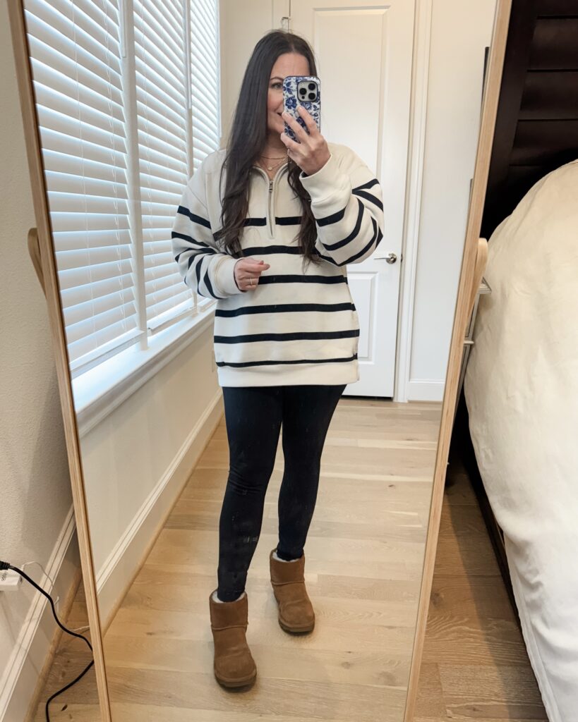 casual winter fashion | striped pullover halfzip sweater | black leggings | Petite Style Blog Lady in Violet