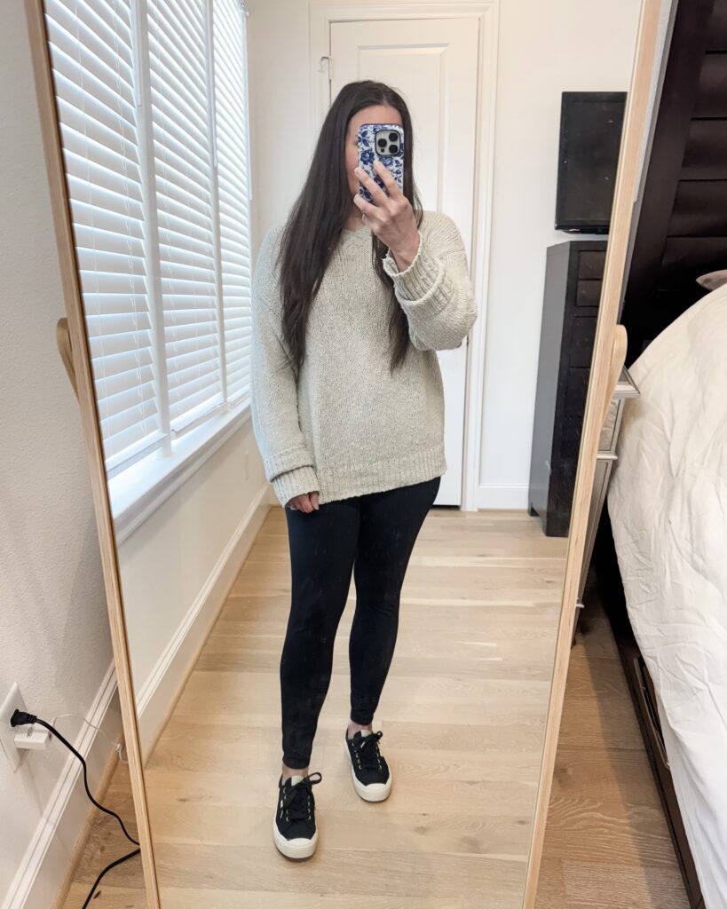 casual winter outfit | light gray sweater | black sneakers | Mom Fashion Blog Lady in Violet