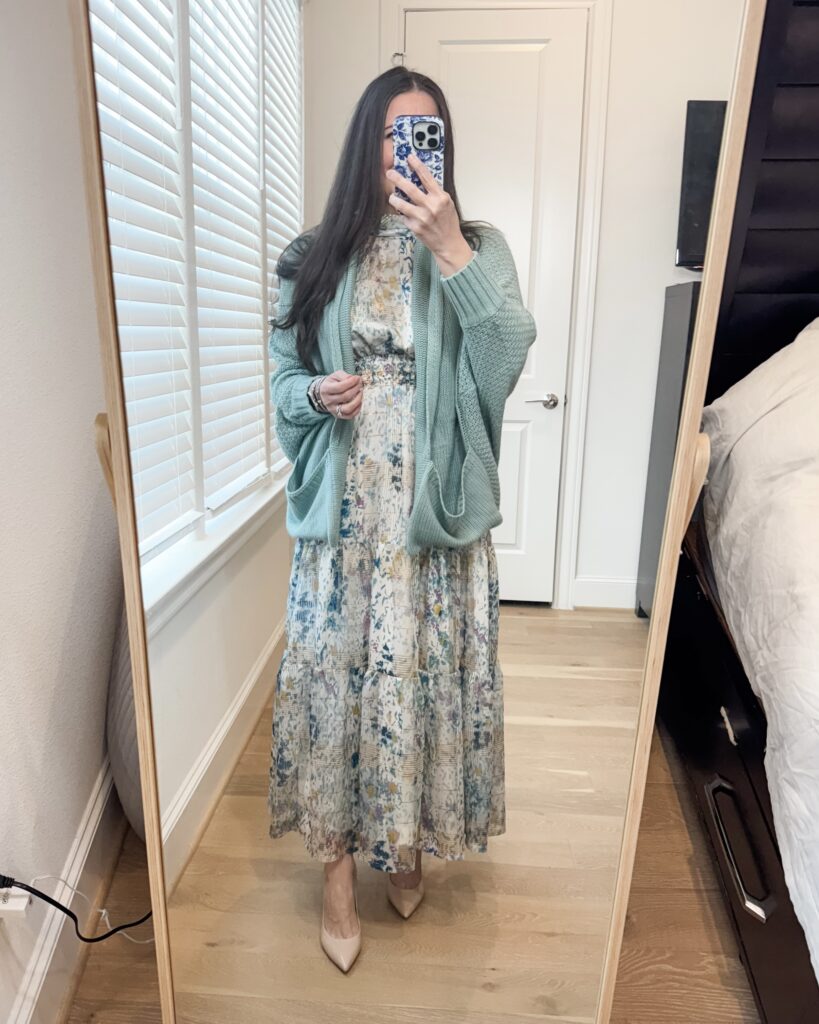 spring outfit | floral print maxi dress | light blue cardigan | Petite Fashion Blog Lady in Violet