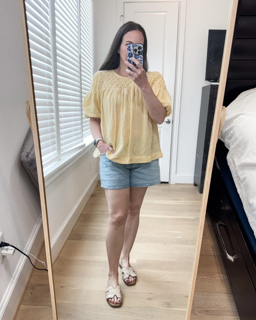 summer vacation outfit | yellow top | jean shorts | Texas Fashion Blog Lady in Violet