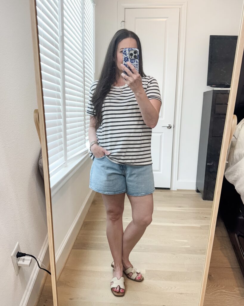 classic summer outfit | black and white striped shirt | jean shorts | Petite Fashion Blog Lady in Violet