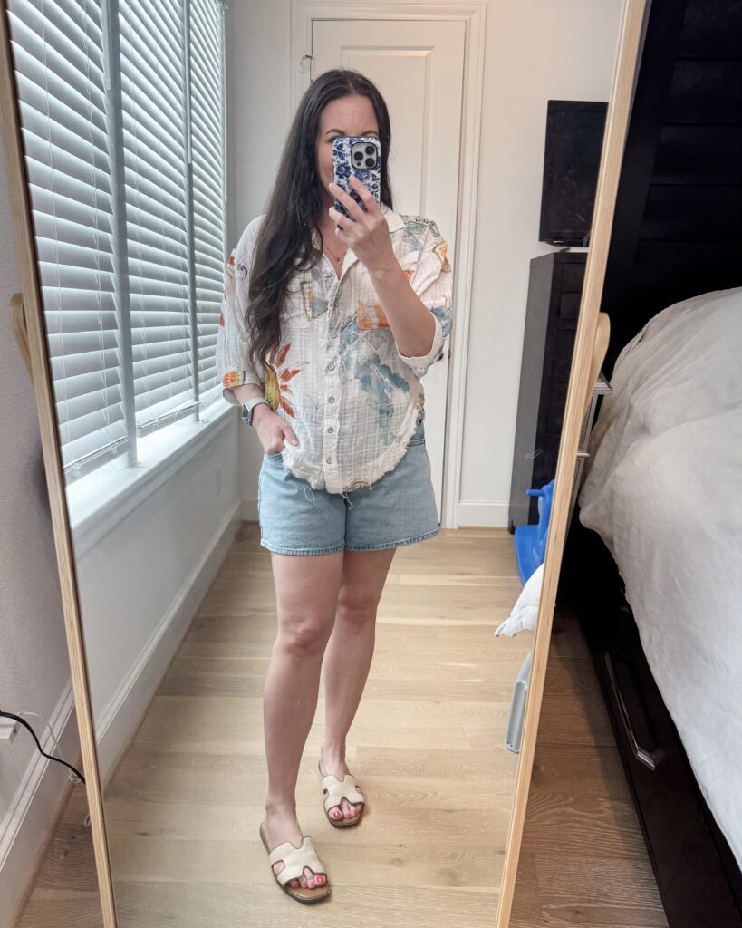 summer outfit idea | white button up top | denim shorts | Mom Fashion Blog Lady in Violet
