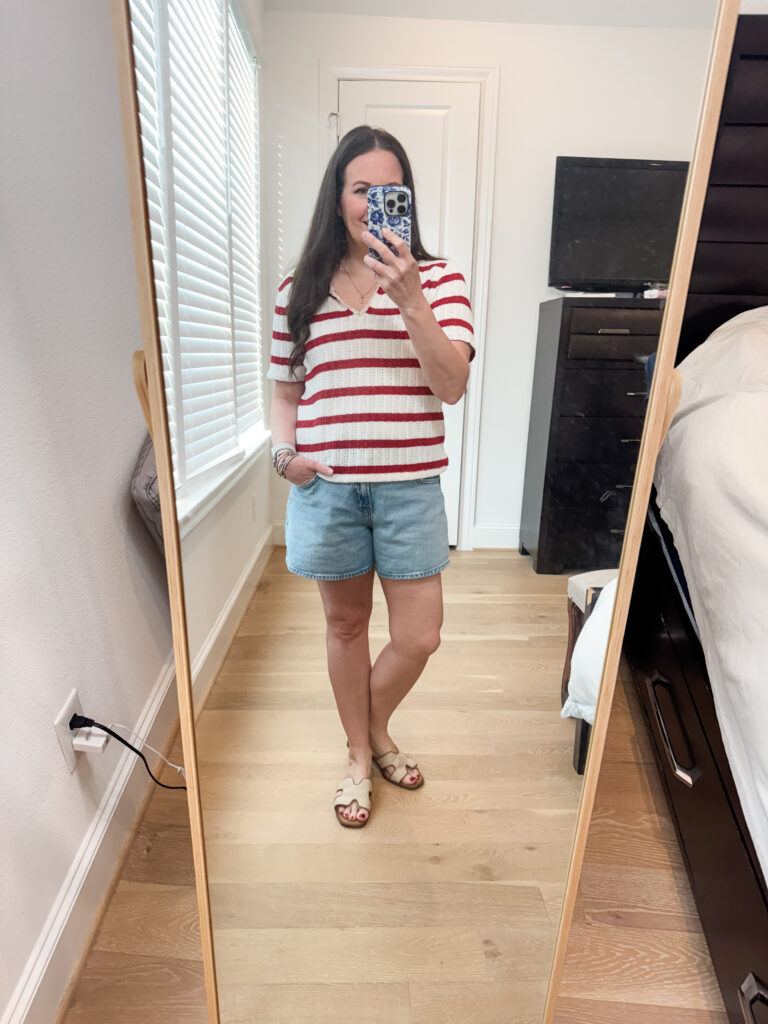 summer outfits | red and white striped polo shirt | denim shorts | Texas Fashion Blogger Lady in Violet