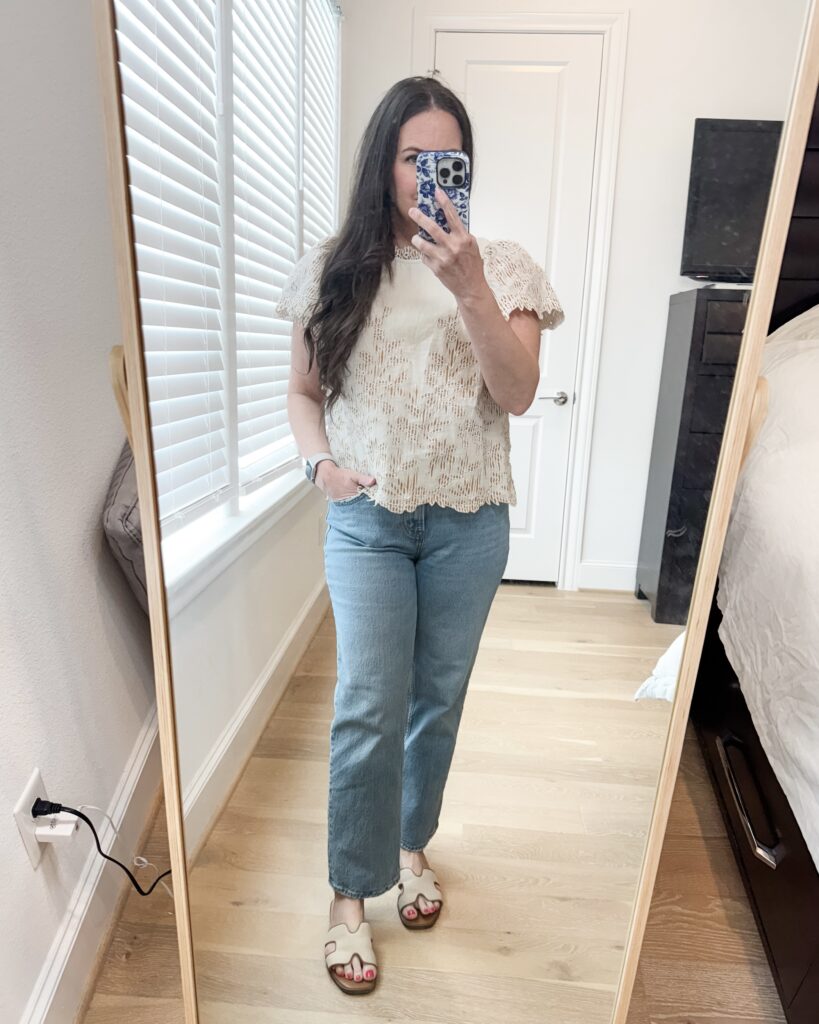 summer outfit | beige embroidered blouse | tan slide sandals | Houston Fashion Blogger Lady in Violet