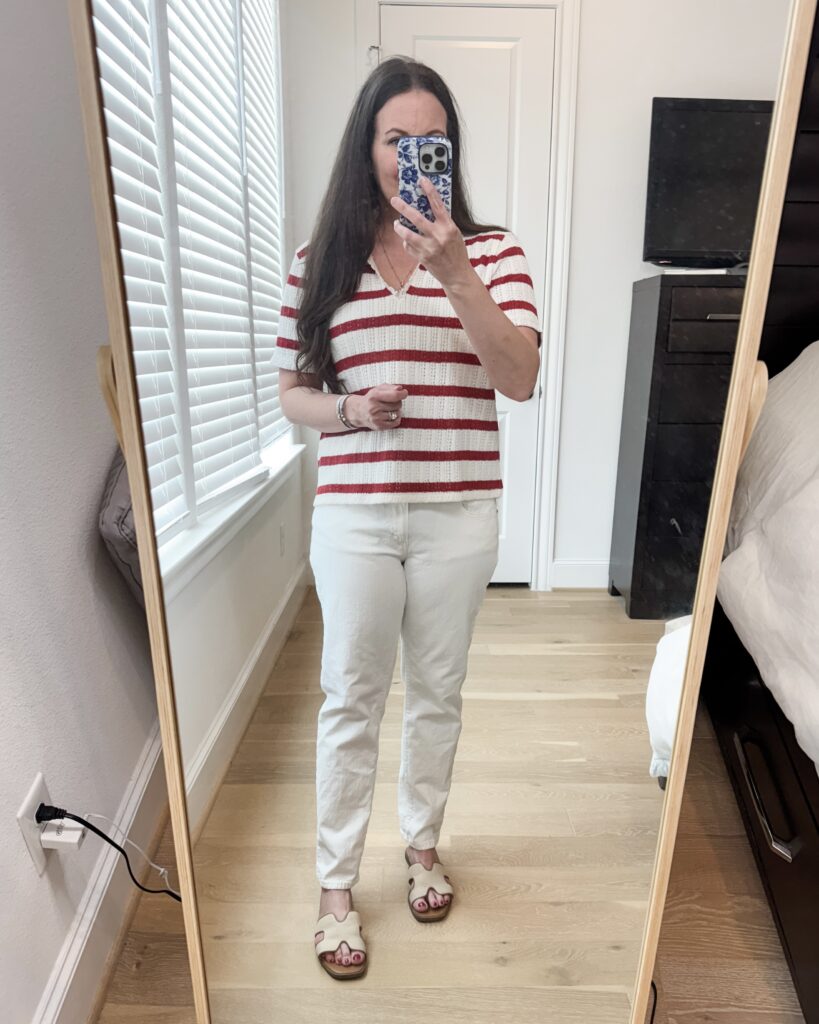 summer outfit | red and white striped blouse | white jeans | Petite Fashion Blogger Lady in Violet