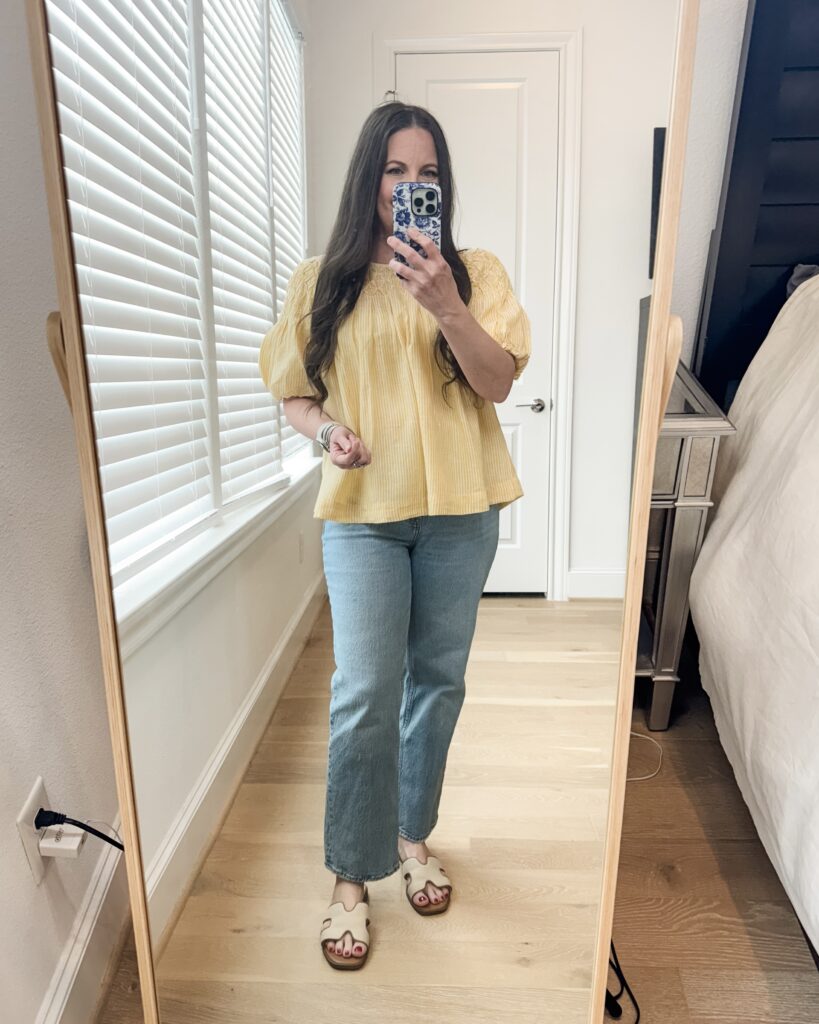 summer outfit | butter yellow shirt | straight leg jeans | Mom Fashion Blogger Lady in Violet