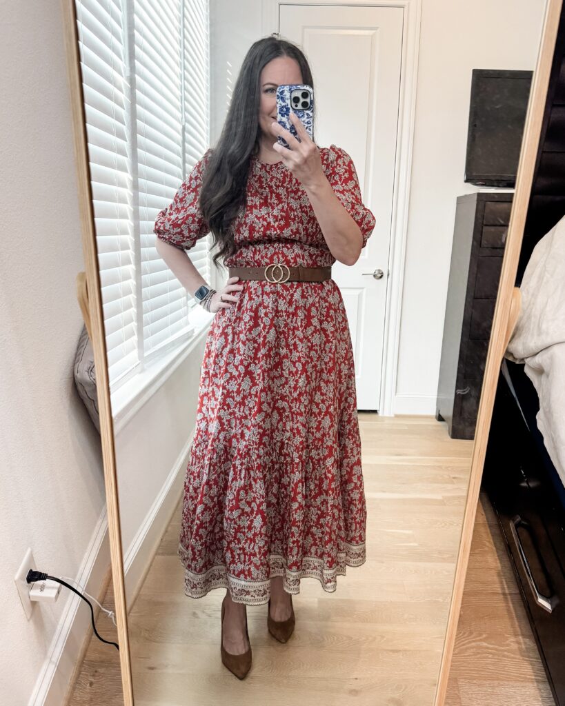summer office outfit | red floral print maxi dress | brown belt | Houston Style Blog Lady in Violet