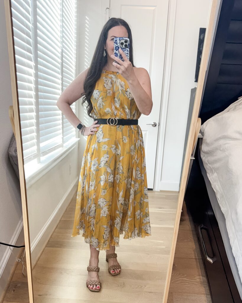 summer outfit | yellow floral maxi dress | black belt | Petite Style Blog Lady in Violet
