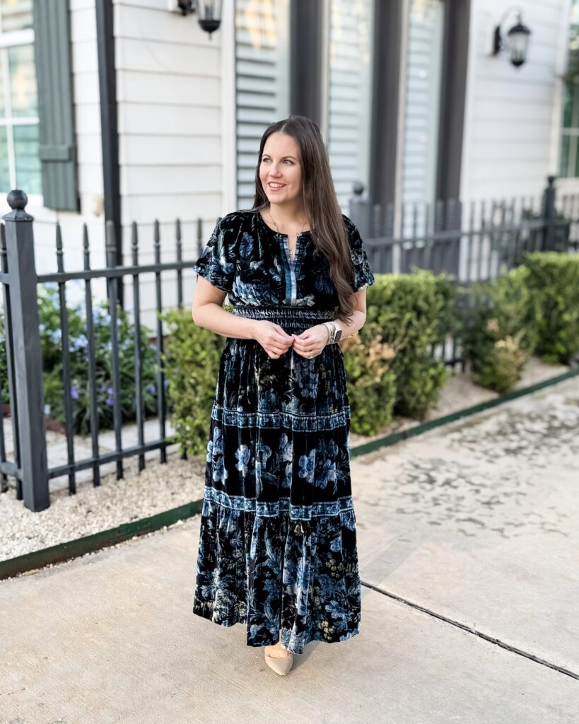 fall outfit | blue velvet maxi dress | Texas Fashion Blogger Lady in Violet