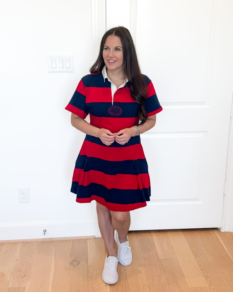 preppy fall outfit | red and navy blue striped polo dress | Over 40 Fashion Blog Lady in Violet