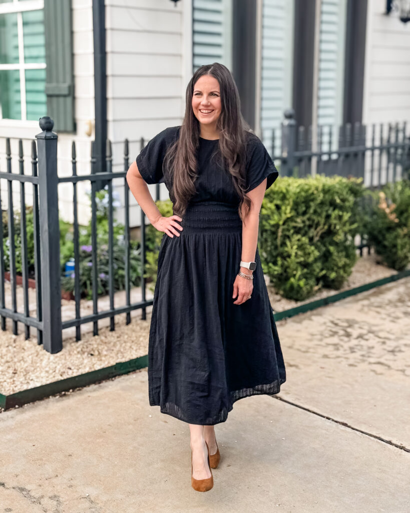 fall outfit | black midi work dress | Workwear Fashion Blog Lady in Violet