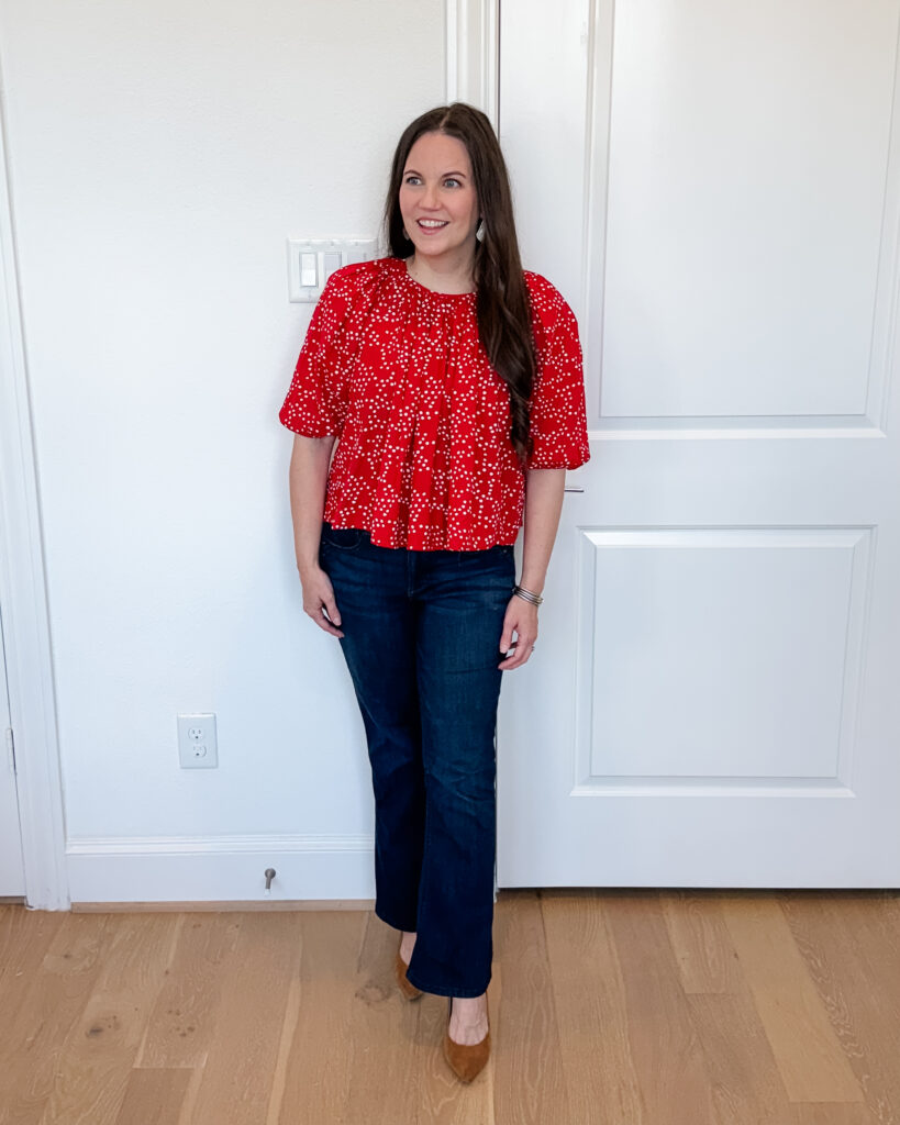 fall street style | red polka dots top | dark blue bootcut jeans | Texas Fashion Influencer Lady in Violet