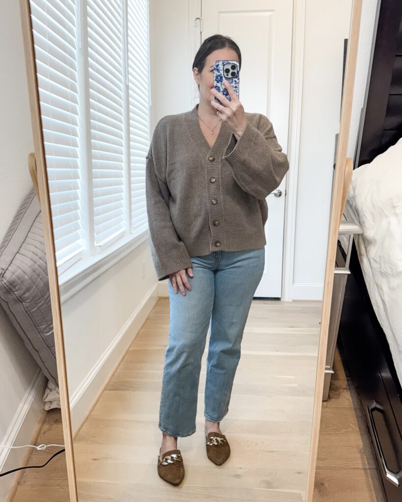 fall outfit ideas | light brown cardigan sweater | Petite Fashion Influencer Lady in Violet