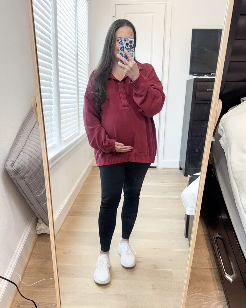 winter outfit for pregnancy | best maternity leggings | maroon pullover sweater | Mom Fashion Influencer Lady in Violet