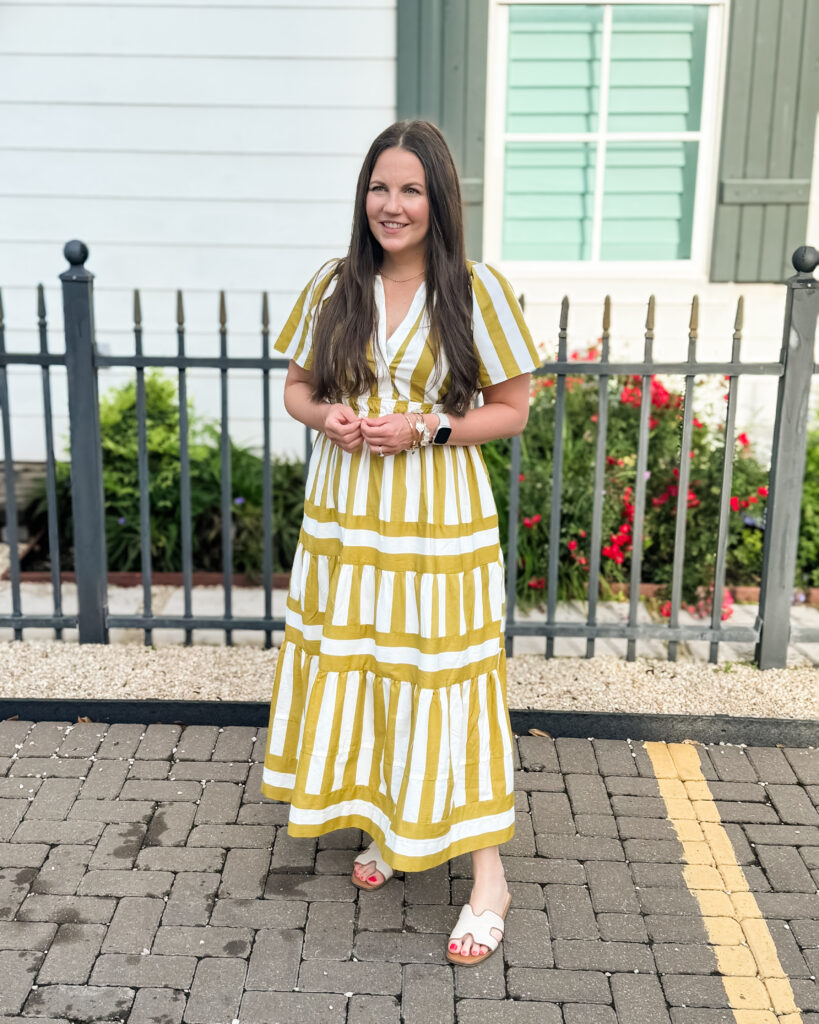 Postpartum Fashion for Moms | yellow striped maxi dress for the office | Texas Blog Lady in Violet