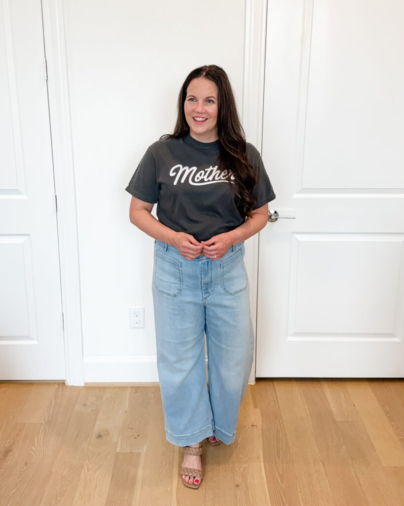 mom outfits | gray mother tshirt | light wash flared jeans | Mom Style Blog Lady in Violet