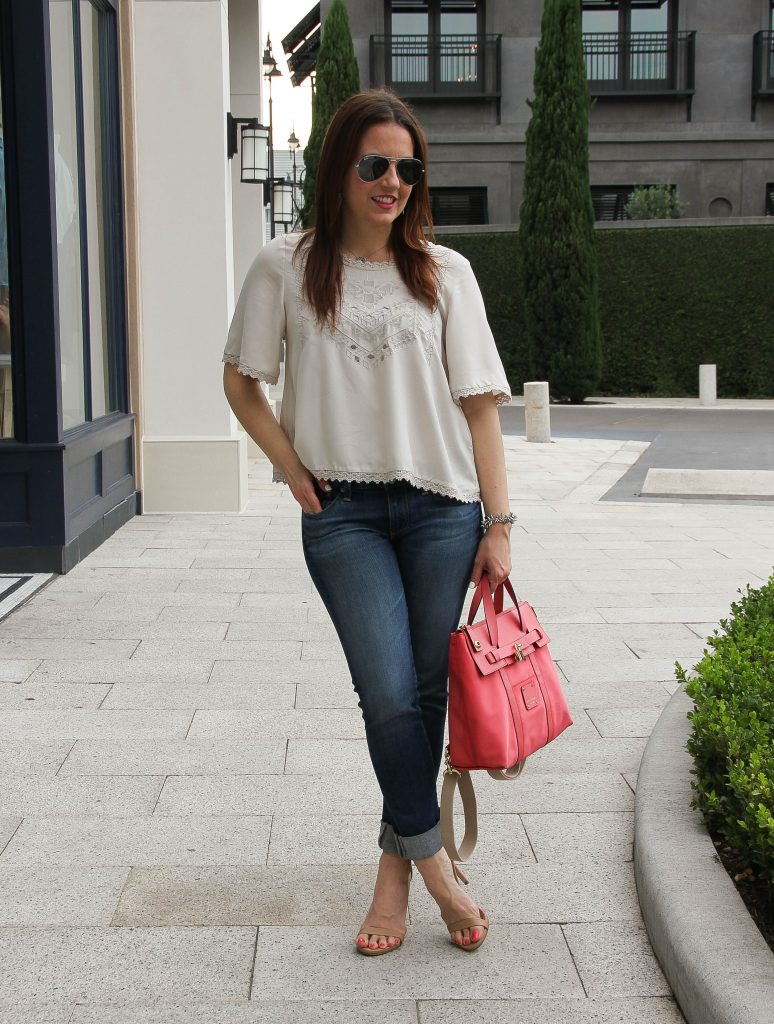 spring outfit - long crop top, jeans and heels 