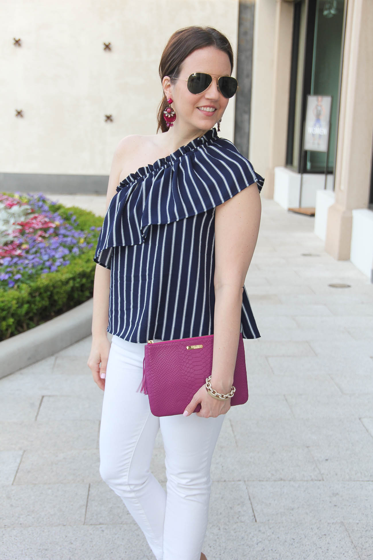 Chic Spring Outfit + Striped One Shoulder Top - Lady in VioletLady in ...