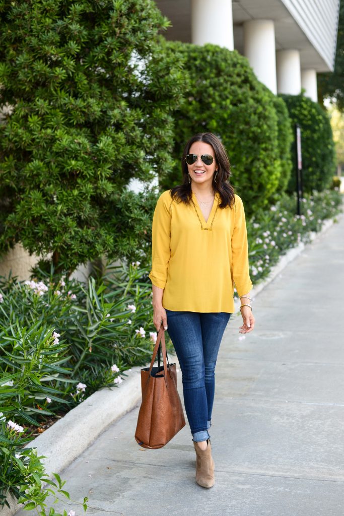 Yellow V-Neck Top + Brown Booties - Lady in VioletLady in Violet